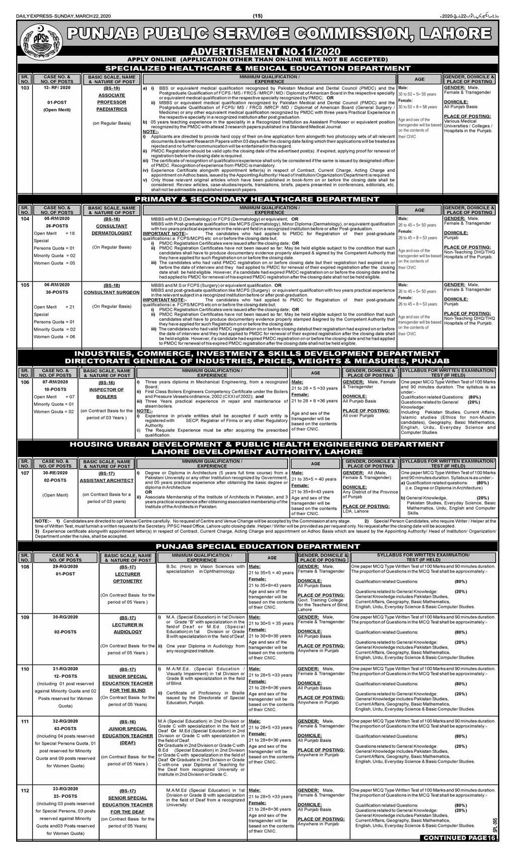 Govt Jobs – PPSC Health Care & Medical & Education (173 Posts)