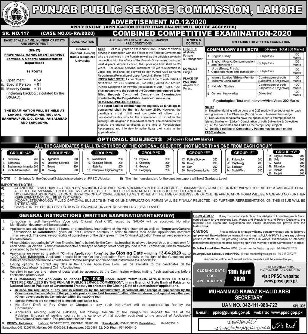 Govt Jobs – PPSC Management & General Administration (71 Posts)